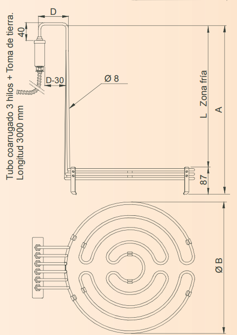 ELEMENTO CALENTADOR DE INMERSIÓN FIJO TRIFÁSICO DE BASE CIRCULAR TIPO SBC